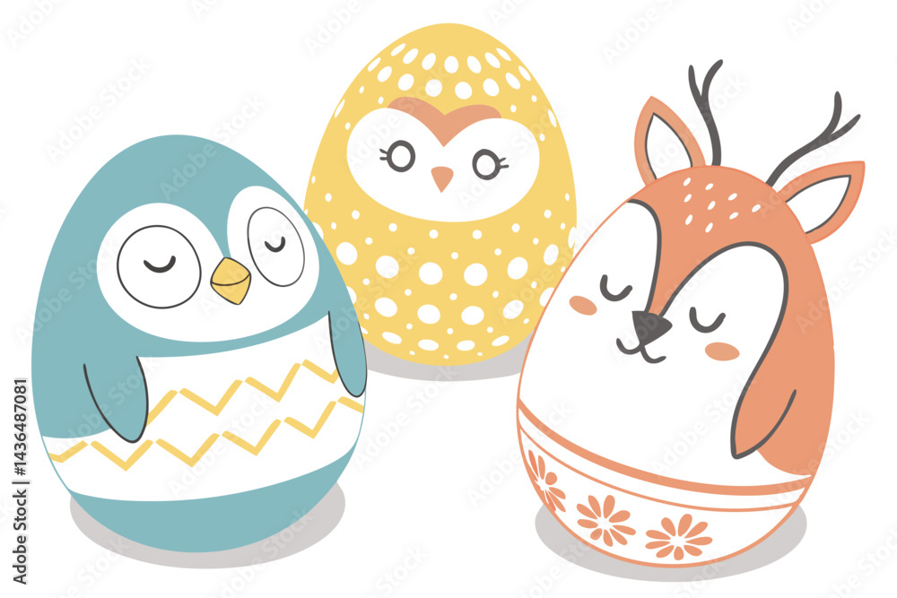 Obraz premium 49 Cute egg-shaped animal figurines, Easter-themed characters, Kawaii style, Minimalist design, Pastel colors, Blue penguin, Yellow reindeer, Polka dot owl, Orange deer, White egg, Smooth textures, Si