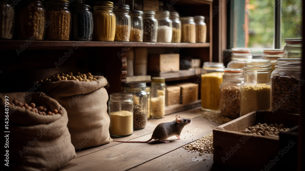 custom made wallpaper toronto digitalSmall mouse sneaking between jars and sacks in a rustic pantry, shelves filled with grains, spices, and dried herbs