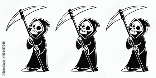 Three Grim Reapers Holding Scythes in Cartoon Style