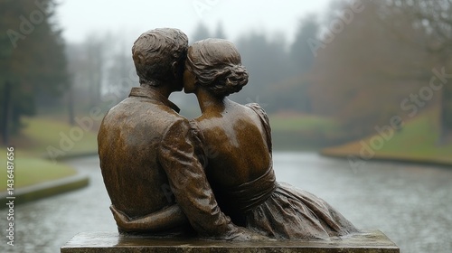 Bronze Lovers by the Lake: A Serene Winter's Day