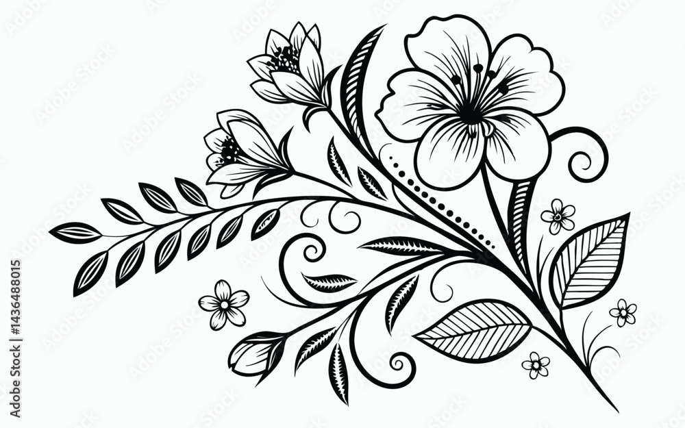 Intricate Floral Line Art Design with Swirls and Botanical Elements Intricate Floral Line Art Design with Swirls and Botanical Elements