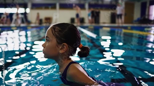 Young girl swimming in an indoor pool with focused expression, surrounded by clear blue water and blurred background of people, perfect for sports, childhood activities, and healthy lifestyle themes

