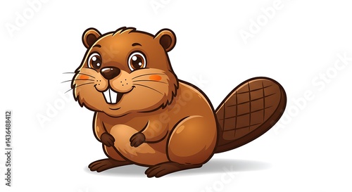 Cartoon Beaver Sitting and Smiling on White Background
