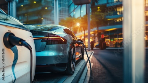 Wallpaper Mural Electric Car. Modern Electric Vehicle. Electric Car Charging at Station. Eco-Friendly Vehicle Connected to Power Source. Clean Energy and Sustainable Transportation Concept with copy space.  Torontodigital.ca