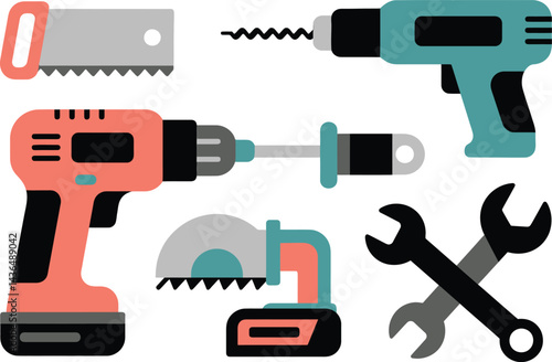 Power Tools and Manual Tools Graphic, "Drills, Saw, and Wrenches Vector