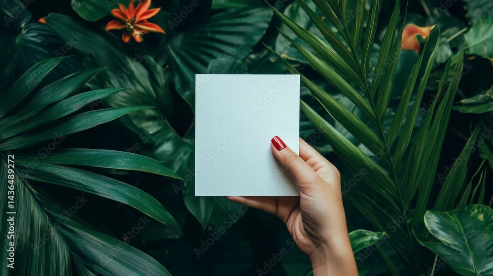 Woman Holding Blank White Card Against Lush Green Tropical Leaves Woman Holding Blank White Card Against Lush Green Tropical Leaves