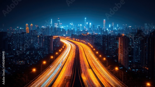 Night Cityscape: Illuminated Highway and Skyline