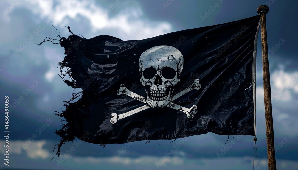 Fototapeta premium Una dramática fotografía de una bandera pirata destrozada ondeando desafiante contra un cielo tormentoso de fondo. La imagen simboliza el peligro, la rebeldía y el espíritu rebelde de la vida pirata. 