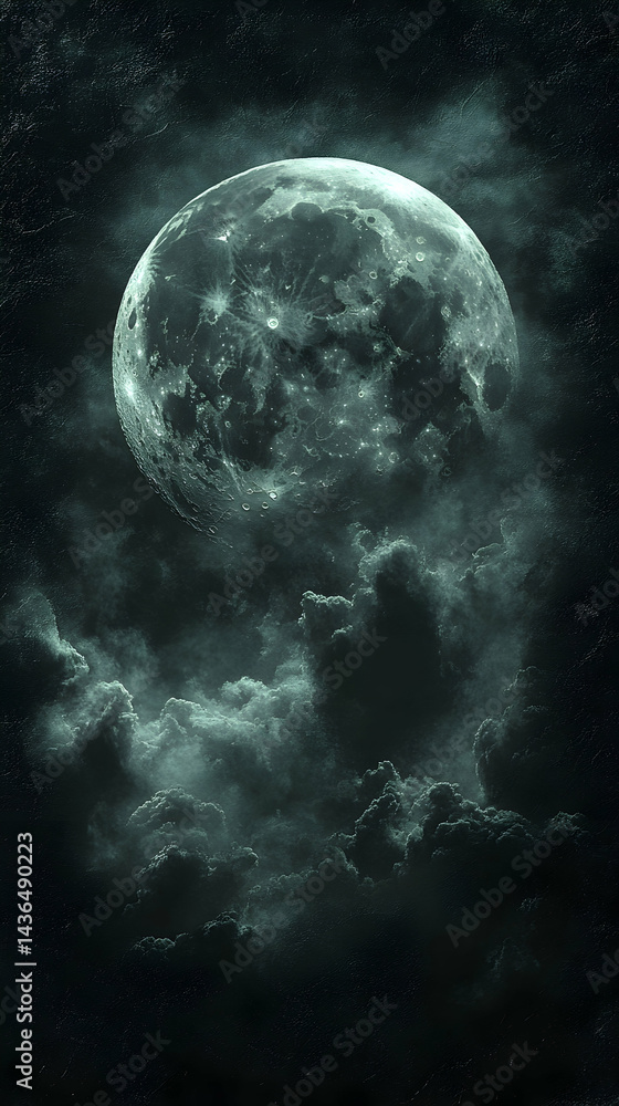 Fototapeta premium Eerie green-tinged full moon dominates a dark stormy night sky shrouded in heavy ominous clouds
