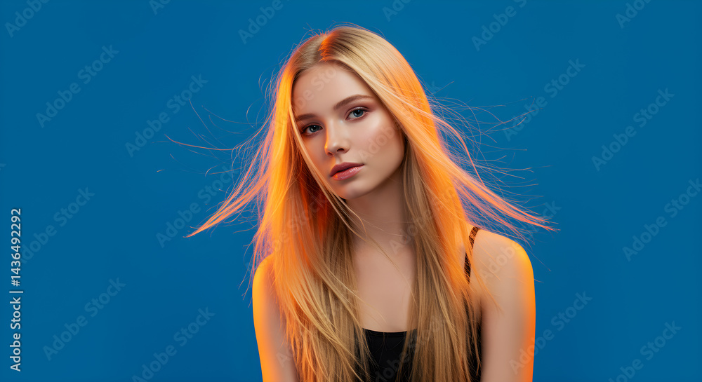Naklejka premium Beautiful Young Woman with Blonde Hair in Blue and Orange Light
