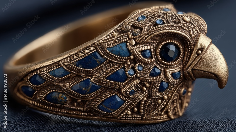 Fototapeta premium Majestic bronze eagle ring with lapis lazuli and smoky quartz in luxurious setting
