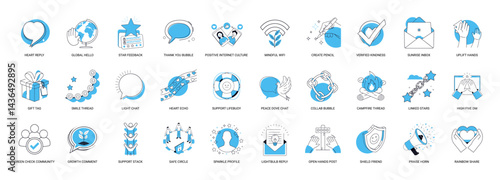 positive online interactions support systems visualized unifying blue accent color, chat bubble collab dove campfire thread linked stars peace