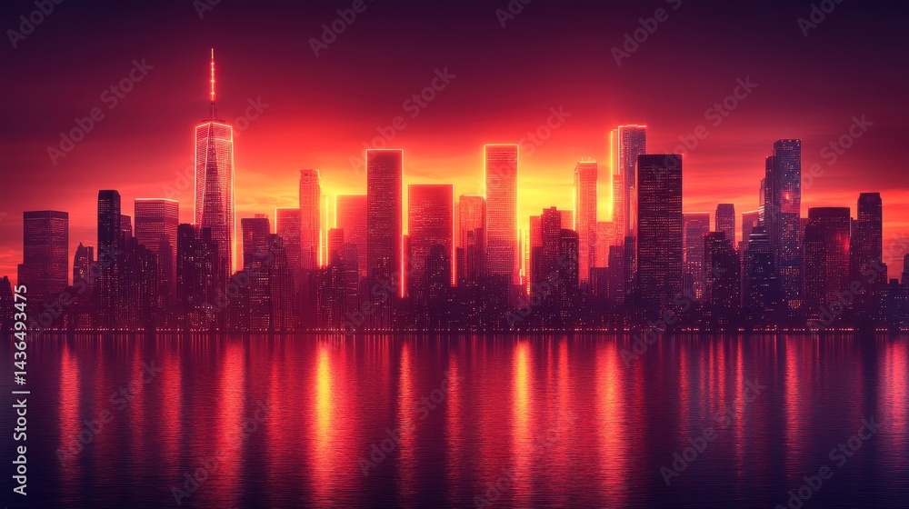 Cyberpunk Cityscape at Sunset: A Futuristic Metropolis Reflecting in Calm Waters Cyberpunk Cityscape at Sunset: A Futuristic Metropolis Reflecting in Calm Waters