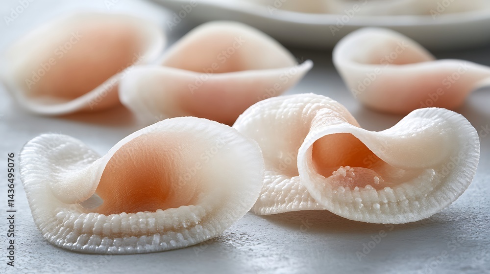 Delicate translucent pasta shells with soft orange interiors, culinary artistry captured Delicate translucent pasta shells with soft orange interiors, culinary artistry captured