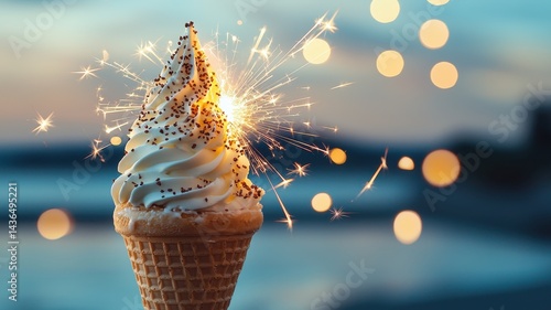 National ice cream day with vanilla sweet idea. Vanilla soft serve cone with sparkler and festive background.