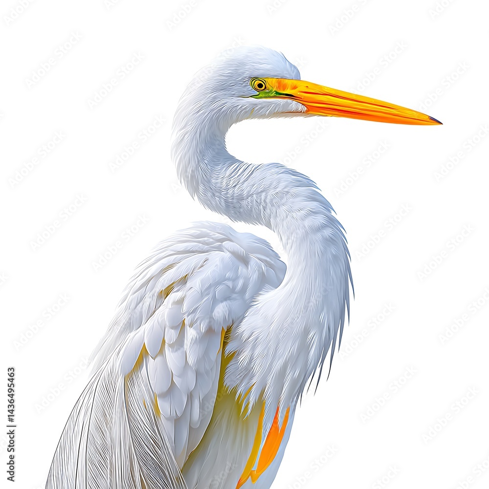 Fototapeta premium Elegant white bird with long neck, orange beak, and yellow legs against a white background