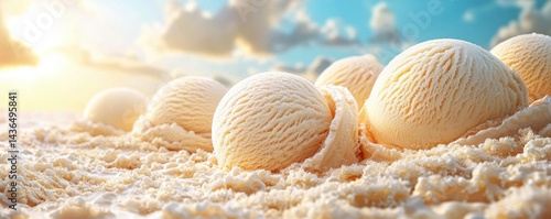 National ice cream day with vanilla sweet idea. Creamy vanilla ice cream scoops with blue sky setting.