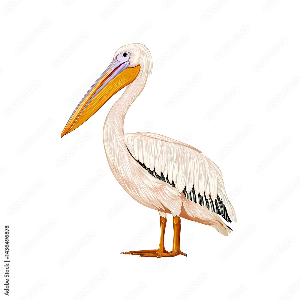 A detailed illustration of a large white pelican, showcasing its distinctive beak and plumage A detailed illustration of a large white pelican, showcasing its distinctive beak and plumage
