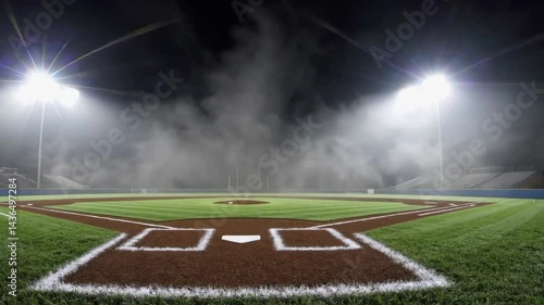 Empty baseball field illuminated under bright stadium lights with mist rising in the background, creating a dramatic and atmospheric sports scene, perfect for athletics, competition,