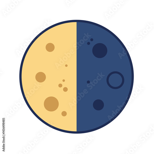 Waning Moon Icon - Half Moon Illustration in Yellow and Blue  