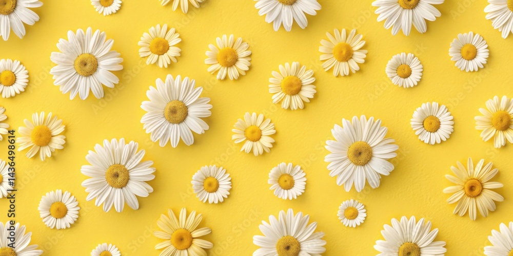 A vibrant arrangement of daisies in various sizes, meticulously placed against a sunny yellow backdrop, creates a cheerful and delightful floral pattern. A vibrant arrangement of daisies in various sizes, meticulously placed against a sunny yellow backdrop, creates a cheerful and delightful floral pattern.