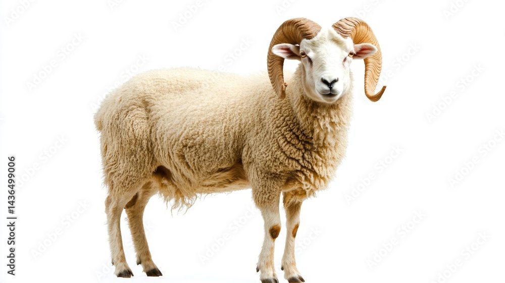 Fototapeta premium Close-up of a horned ram with curly wool against white background.