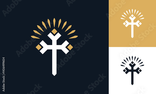Simple religious cross symbol with shining light logo design