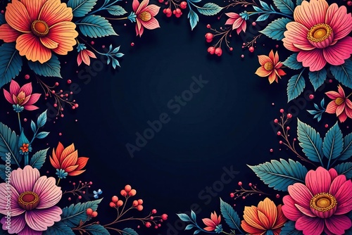 Intricate line art floral pattern, dark background, dark floral, geometric, illustration