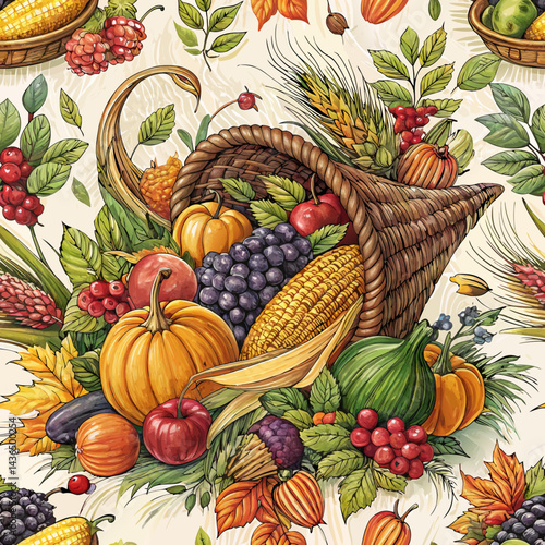 *Seamless cornucopia background overflowing with colorful fruits and vegetables, artistic symbol of abundance and gratitude*  