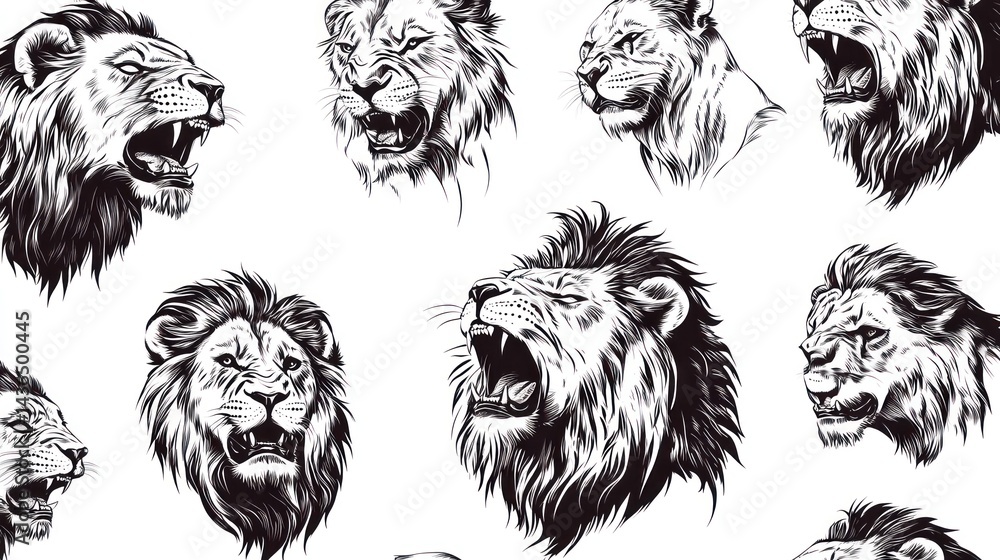 Fototapeta premium Lion heads pattern, roaring, wildlife, monochrome, graphic design