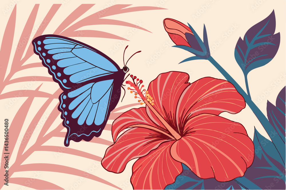Obraz premium 52 Vibrant blue butterfly, iridescent wings, perched on bright red hibiscus flower, macro photography, shallow depth of field, contrasting colors, nature close-up, detailed insect, tropical setting, s