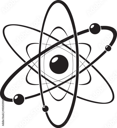 Atomic Model, Physics Chemistry and Science, Black and White Vector Illustration, Sketch Drawing Line Linear Symbol Icon Engraving, Hand-drawn Isolated