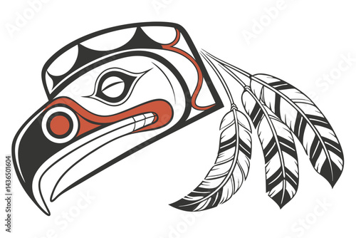 53 Native American art, stylized bird mask, Pacific Northwest Coast, black and white design, red accents, blue feathers, carved wood, totem pole style, orange beak, spiritual symbol, tribal artifact, 