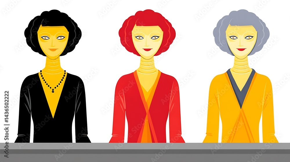 Naklejka premium Three stylized female figures with distinct hair and clothing colors