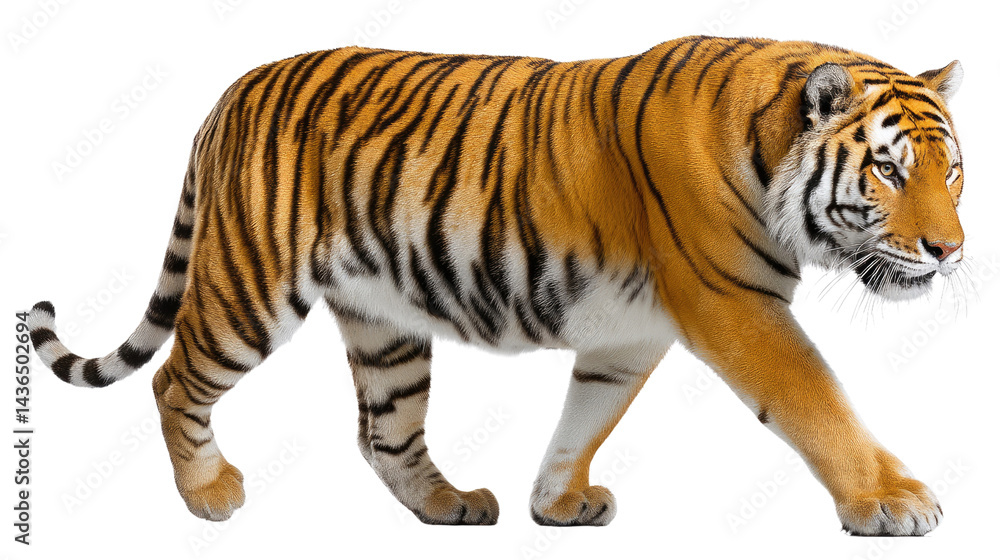 Obraz premium Majestic Tiger in Motion: A solitary, powerful tiger strides confidently, showcasing its striking orange and black striped coat, representing the epitome of grace and strength in the wild.