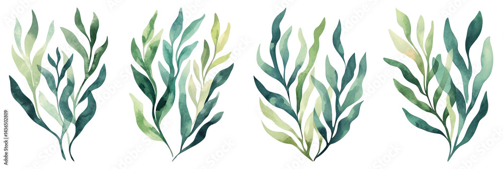 Fototapeta premium PNG Watercolor green leaf illustrations, isolated element set on transparent background