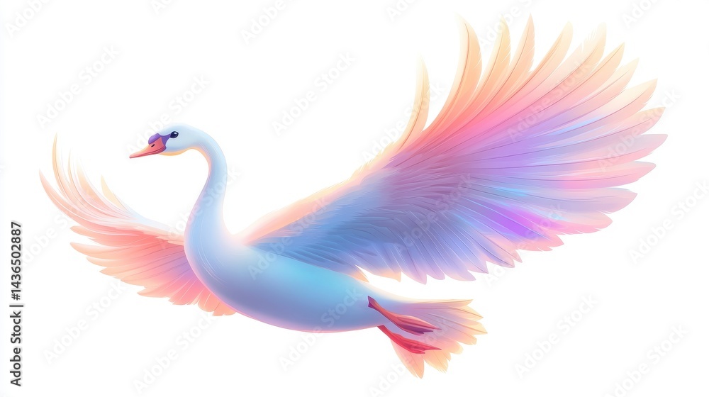 Pastel Pink and Purple Swan in Flight Against White Background Pastel Pink and Purple Swan in Flight Against White Background