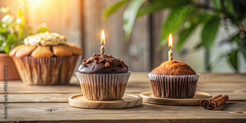 Delightful birthday cupcakes with lit candles on a rustic wooden table, creating a warm and inviting celebratory atmosphere