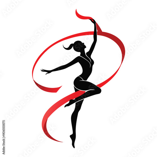 Silhouette of a Rhythmic Gymnast with Red Ribbon