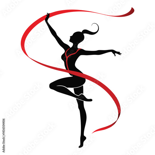 Silhouette of a Rhythmic Gymnast with a Red Ribbon