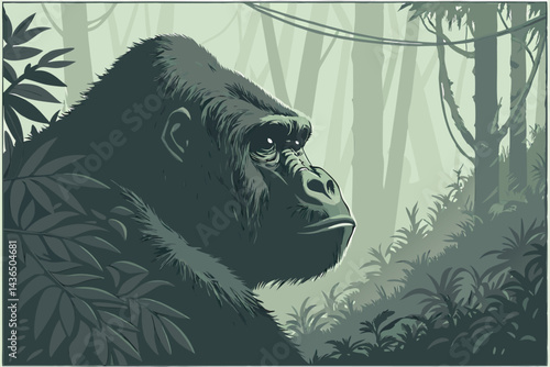 55 Photorealistic gorilla portrait, lush jungle setting, intense gaze, atmospheric lighting, misty background, green foliage, close-up, high detail, wildlife photography, moody, dramatic, cinematic, 8