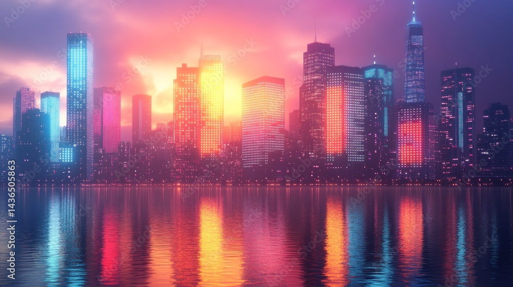 Fototapeta premium Neon Cityscape at Sunset: A Vibrant Metropolis Reflected in Tranquil Waters