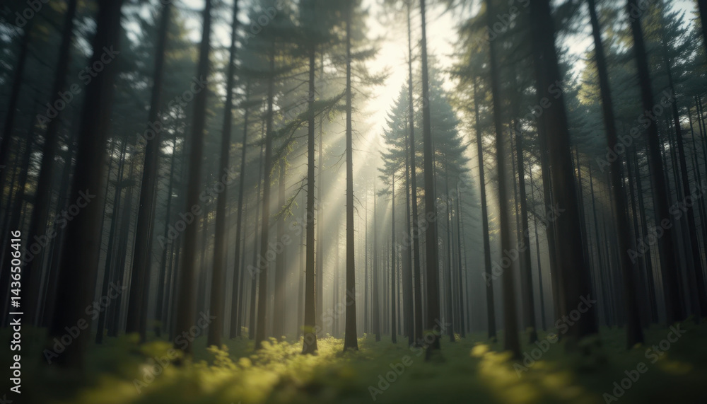 Naklejka premium Ethereal Light Rays in Foggy Woodland Scene.