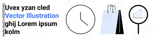 Clock indicating time, shopping bags symbolizing retail, magnifying glass with graph for data analysis. Ideal for time tracking, retail, analytics, business planning, productivity, consumer trends