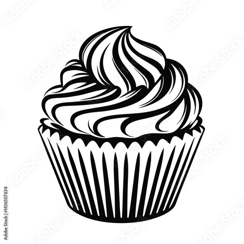 Cupcake, Black and White, Monochrome, Food, Sweet, Dessert, Bakery, Isolated, Treat, Art