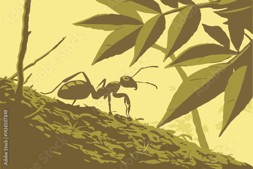 56 Macro photography, giant ant, detailed exoskeleton, sunlit forest floor, vibrant green leaves, bokeh background, shallow depth of field, soft golden light, hyper-realistic, nature close-up, 8K reso