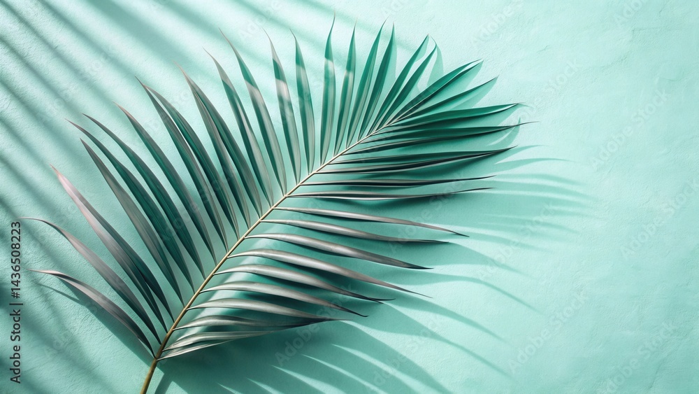 Fototapeta premium Serene Palm Frond Casts Shadows on a Soft Aqua Background, Evoking a Sense of Calm and Tranquility