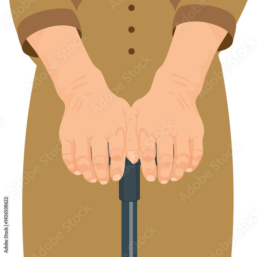 Closeup of hands of an old woman with a walking stick for balance and support. An unrecognizable senior person holding a cane for orthopedic care in a nursing or retirement home for the elderly