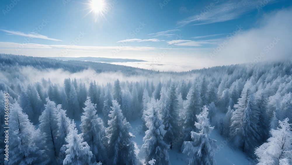 Snow Covered Forest Under Blue Sky with Sunlight Snow Covered Forest Under Blue Sky with Sunlight