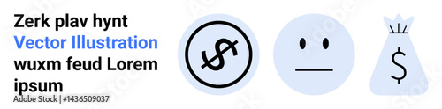 Dollar sign in crossed circle symbolizing restricted spending, neutral face for emotionless decision-making, and money bag for savings. Ideal for finance, economy, budgeting, planning, investments
